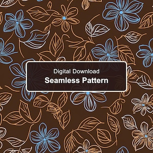 Seamless Brown Floral Line Art Pattern, Blue and Orange Botanical Doodle Digital Paper