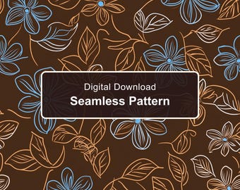 Seamless Brown Floral Line Art Pattern, Blue and Orange Botanical Doodle Digital Paper