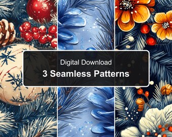Christmas Pine and Blue Ornament Seamless Patterns, Traditional Winter Botanical Digital Paper, 3 PNG Files