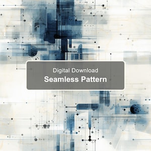 Puede incluir: Un patrón digital sin costuras para descargar que presenta una composición abstracta de formas geométricas azul oscuro, líneas negras finas y puntos pequeños sobre un fondo blanco. Un recuadro gris muestra el texto Digital Download Seamless Pattern.