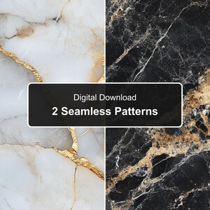 Può includere: Due motivi digitali senza cuciture con texture in marmo. Il lato sinistro mostra marmo bianco con venature dorate, mentre il lato destro mostra marmo nero con venature dorate. Un'etichetta rettangolare nera centrale riporta la scritta Digital Download 2 Seamless Patterns.