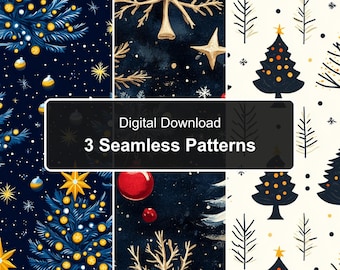 Navy Blue Christmas Tree and Snowflake Watercolor Folk Art Trio, 3 PNG Files