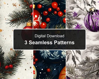 Watercolor Christmas Ornaments and Pine Seamless Pattern Trio, Red and Purple Berries, 3 PNG Files