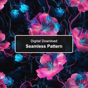 Op de afbeelding: Een naadloos patroon met levendige roze en blauwe bloemen tegen een donkere zwarte achtergrond met vloeiende neonlijnen. Een rechthoekig zwart label in het midden toont de witte tekst Digital Download Seamless Pattern.