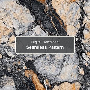 Puede incluir: Un patrón sin costuras de descarga digital con una textura de mármol de alto contraste con vetas negras, blancas y bronceadas. Un recuadro gris oscuro en el centro muestra el texto blanco Digital Download Seamless Pattern.