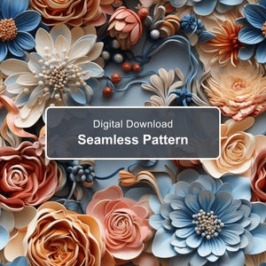 May include: A seamless pattern featuring a variety of layered paper-style flowers in shades of blue, peach, and cream, accented with small red berries. A dark rectangular overlay in the center displays the text Digital Download Seamless Pattern.