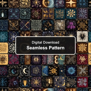 May include: A digital download seamless pattern featuring a grid of square tiles with dark backgrounds. Each tile displays intricate gold, blue, and purple illustrations of celestial bodies, insects, and floral motifs. Text reads: Digital Download Seamless Pattern.