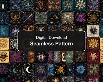 Celestial Grid Seamless Pattern, Witchy Symbols and Botanical Illustrations, Dark Academia Digital Paper PNG