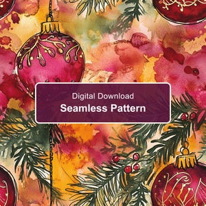May include: A seamless digital pattern featuring watercolour-style red Christmas ornaments with gold line details, interspersed with green pine branches and red berries against a warm, blended background of orange, yellow, and red hues.