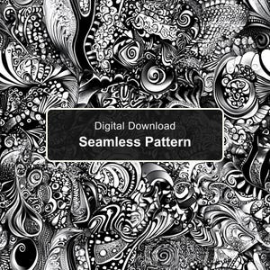 May include: A black and white seamless pattern featuring intricate abstract swirls, dots, and geometric shapes. A central rectangular overlay contains the white text Digital Download Seamless Pattern against a solid black background.