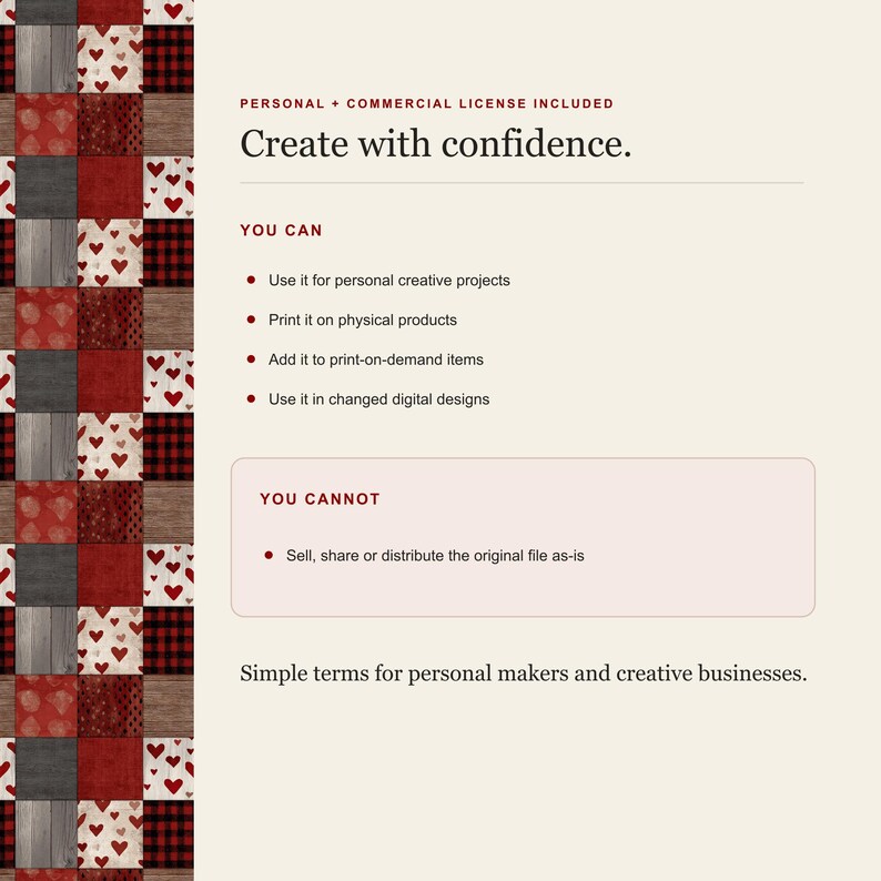 Personal and commercial use summary beside a strip of the pattern.