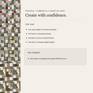 Personal and commercial license summary beside samples from all 3 included patterns.