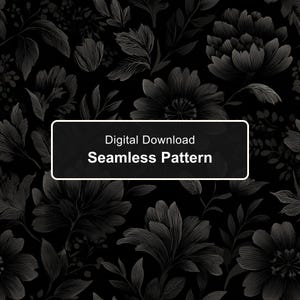 Dark Floral Engraving Seamless Pattern, Black and Gray Botanical Etching Digital Paper PNG