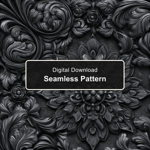 Ornate Black Baroque Relief Seamless Pattern, Carved Floral Medallion and Acanthus Scroll Digital Paper