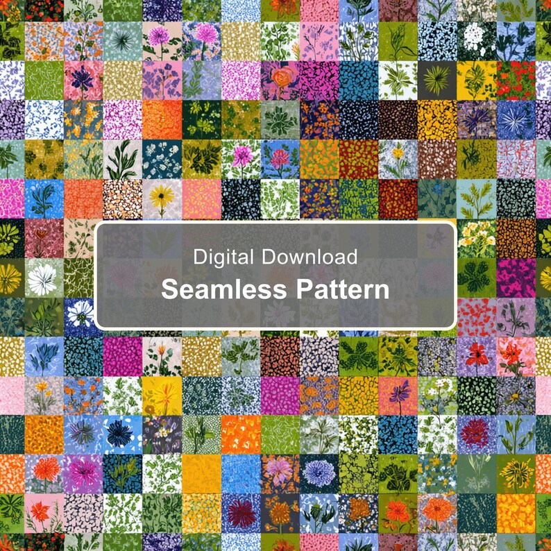 Seamless Botanical Patchwork Pattern with a centered digital-download overlay.