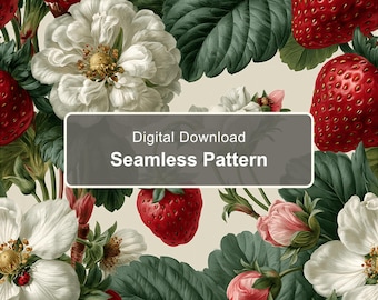 Motif botanique vintage sans couture de fraises, illustration détaillée de fleurs et de fruits (téléchargement numérique)