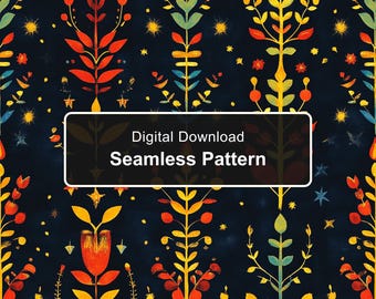 Folk Art Botanical Seamless Pattern, Scandinavian Floral on Dark Navy, Whimsical Winter Design