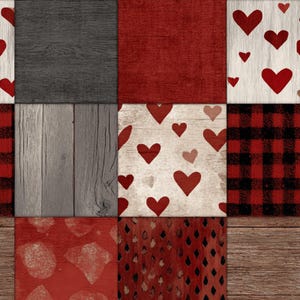 Protected close preview of a rustic patchwork design composed of square panels featuring red hearts on light wood, red and black buffalo plaid, solid red linen, gray wood planks, and textured red patterns.