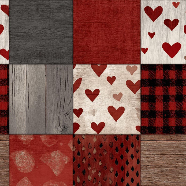 Protected close preview of a rustic patchwork design composed of square panels featuring red hearts on light wood, red and black buffalo plaid, solid red linen, gray wood planks, and textured red patterns.