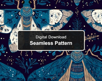 Dark Academia Moth Seamless Pattern, Blue and Cream Folk Art Insect Digital Paper