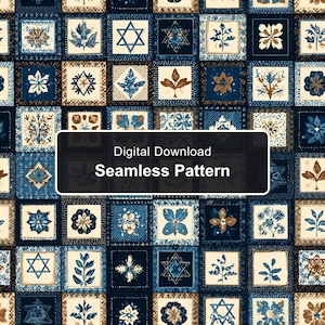 May include: A seamless pattern featuring a grid of square tiles in shades of navy blue, cream, and brown. Each tile displays unique botanical illustrations, geometric shapes, and Star of David symbols. A black rectangular overlay reads Digital Download Seamless Pattern.