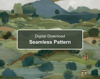 Motif sans couture de collines vallonnées picturales, papier numérique de paysage d'art populaire (PNG)