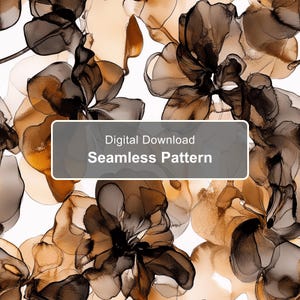May include: A seamless pattern featuring abstract, fluid floral shapes in shades of brown, tan, and black against a white background. A grey rectangular overlay in the centre contains the white text: Digital Download Seamless Pattern.