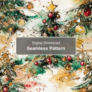 Watercolor Christmas Tree Seamless Pattern, Red Gold Baubles Ink Sketch (Digital Download)