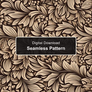 Puede incluir: Un patrón sin costuras que presenta una disposición densa de hojas curvas y flores pequeñas de color beige sobre un fondo marrón oscuro. Un rectángulo negro en el centro contiene el texto blanco: Digital Download Seamless Pattern.