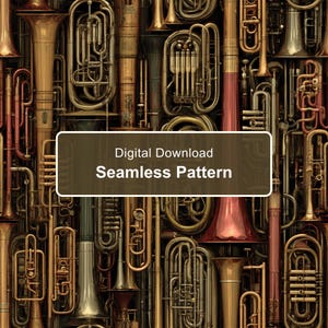 May include: A seamless pattern featuring a dense arrangement of brass musical instruments including trumpets, tubas, and trombones in various metallic gold and copper tones. A dark rectangular overlay displays the text Digital Download Seamless Pattern.