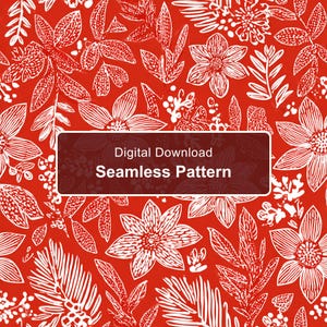 赤と白の花柄シームレスパターン、リノカット植物画デジタルペーパー（デジタルダウンロード）