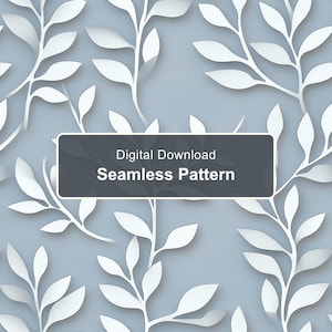 Könnte beinhalten: Ein nahtloses Muster mit weißen Blattsilhouetten auf hellblauem Hintergrund. Ein dunkelgraues rechteckiges Overlay in der Mitte zeigt den weißen Text Digital Download Seamless Pattern und kennzeichnet eine digitale Datei.