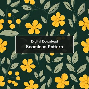 Senapsgult blommigt sömlöst mönster, salviagröna blad, mörkgrön bakgrund (digital nedladdning)
