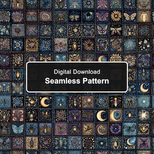 May include: A digital download seamless pattern featuring a grid of square tiles in shades of dark blue, purple, and gold. Each tile contains intricate illustrations of butterflies, insects, moons, and floral motifs. Text reads Digital Download Seamless Pattern.
