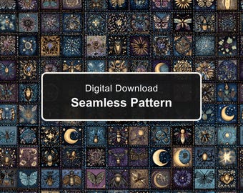 Motif sans couture d'insectes mystiques et de grille céleste, curiosités vintage Dark Academia PNG