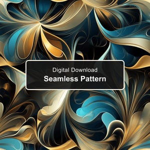 Puede incluir: Un patrón sin costuras de descarga digital con curvas abstractas y fluidas en tonos azul cerceta profundo, dorado y negro. Un rectángulo negro central muestra el texto blanco Digital Download Seamless Pattern en una fuente clara.