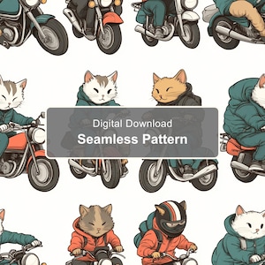 Puede incluir: Un patrón continuo con gatos de dibujos animados montando motocicletas, vistiendo chaquetas y cascos. El diseño incluye varias razas de gatos y estilos de motos en una disposición repetitiva. Un recuadro gris muestra el texto Digital Download Seamless Pattern.