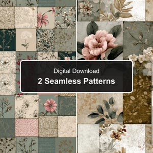 Vintage botanisch patchwork naadloze patronen, shabby chic bloemen digitaal papier (2 PNG-bestanden)