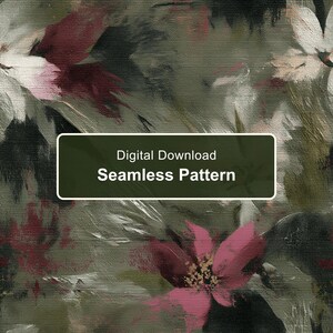 Måleriskt abstrakt blommigt sömlöst mönster, stämningsfull olivgrön botanisk design (digital nedladdning)