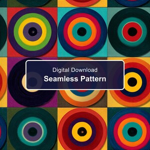 Könnte beinhalten: Ein nahtloses Muster als digitaler Download mit einem Raster aus Quadraten, die jeweils konzentrische Kreise in leuchtenden Farben wie Rot, Gelb, Blau, Grün, Orange und Lila enthalten. Ein dunkles Rechteck zeigt den Text Digital Download Seamless Pattern.