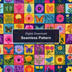 Op de afbeelding: Een digitaal naadloos patroon met een raster van kleurrijke vierkanten, elk met illustraties van diverse bloemen en vlinders in levendige tinten. Een donkere rechthoekige overlay in het midden toont de tekst Digital Download Seamless Pattern.