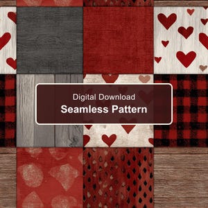May include: A digital download seamless pattern featuring a grid of squares with various textures and designs, including red hearts on white wood, red and black buffalo plaid, solid dark red, grey wood grain, and red diamond shapes on wood.