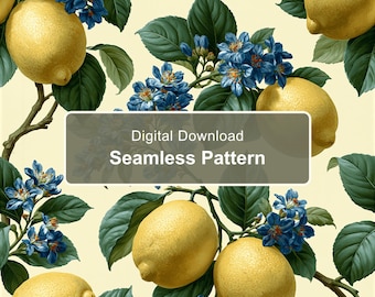 Motif botanique sans raccord de citrons et de fleurs bleues, papier numérique vintage aux agrumes (PNG)