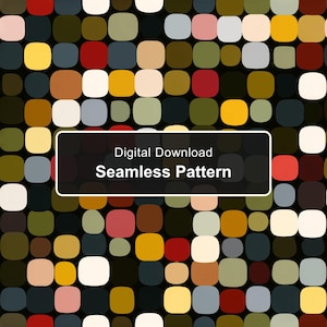 May include: A seamless pattern featuring a grid of rounded squares in various colours including red, yellow, olive green, grey, and cream against a black background. A central rectangular label displays the text Digital Download Seamless Pattern.