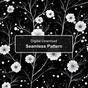 May include: A seamless pattern featuring white cosmos flowers and thin stems against a solid black background. A rectangular black overlay in the centre contains the white text Digital Download Seamless Pattern in a clean sans-serif font.