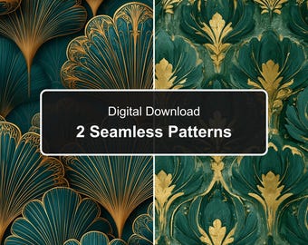 Naadloos Art Deco Ginkgo bloemenpatroon, turquoise en goudkleurig filigraan (digitale download)