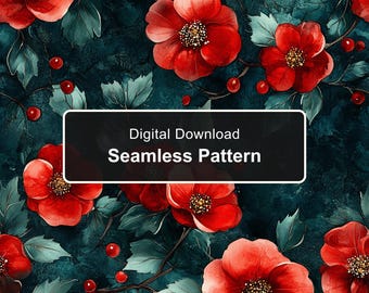 Motif aquarelle sans couture d'anémones rouges, papier numérique floral bleu sarcelle foncé, impression botanique mystérieuse (PNG)