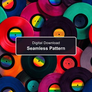 May include: A digital download seamless pattern featuring a collection of overlapping vinyl records in various colours including red, blue, green, purple, and orange, with central labels displaying horizontal rainbow stripes and the text Digital Download Seamless Pattern.