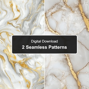 May include: Two digital seamless patterns featuring white, gray, and gold marble textures. The left side shows swirling liquid marble, while the right side displays cracked stone with gold veins. A black rectangular overlay reads Digital Download 2 Seamless Patterns.
