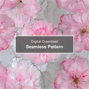Pode incluir: Um padrão digital descarregável sem costuras com grandes flores cor-de-rosa em camadas com pétalas delicadas sobre um fundo cinzento claro marmoreado. Um retângulo cinzento escuro no centro apresenta o texto branco Digital Download Seamless Pattern.